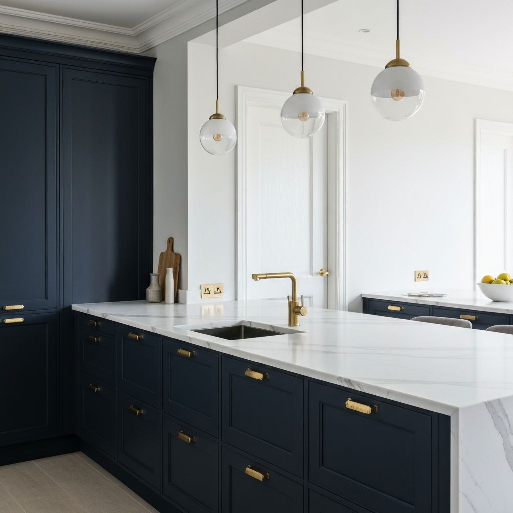 Elegant dark navy kitchen with gold accents