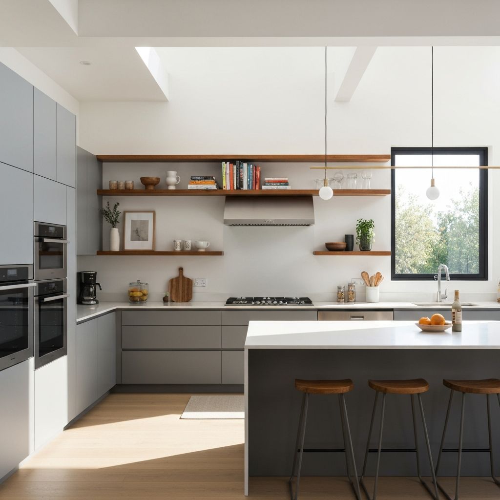 Contemporary gray kitchen with wood accents